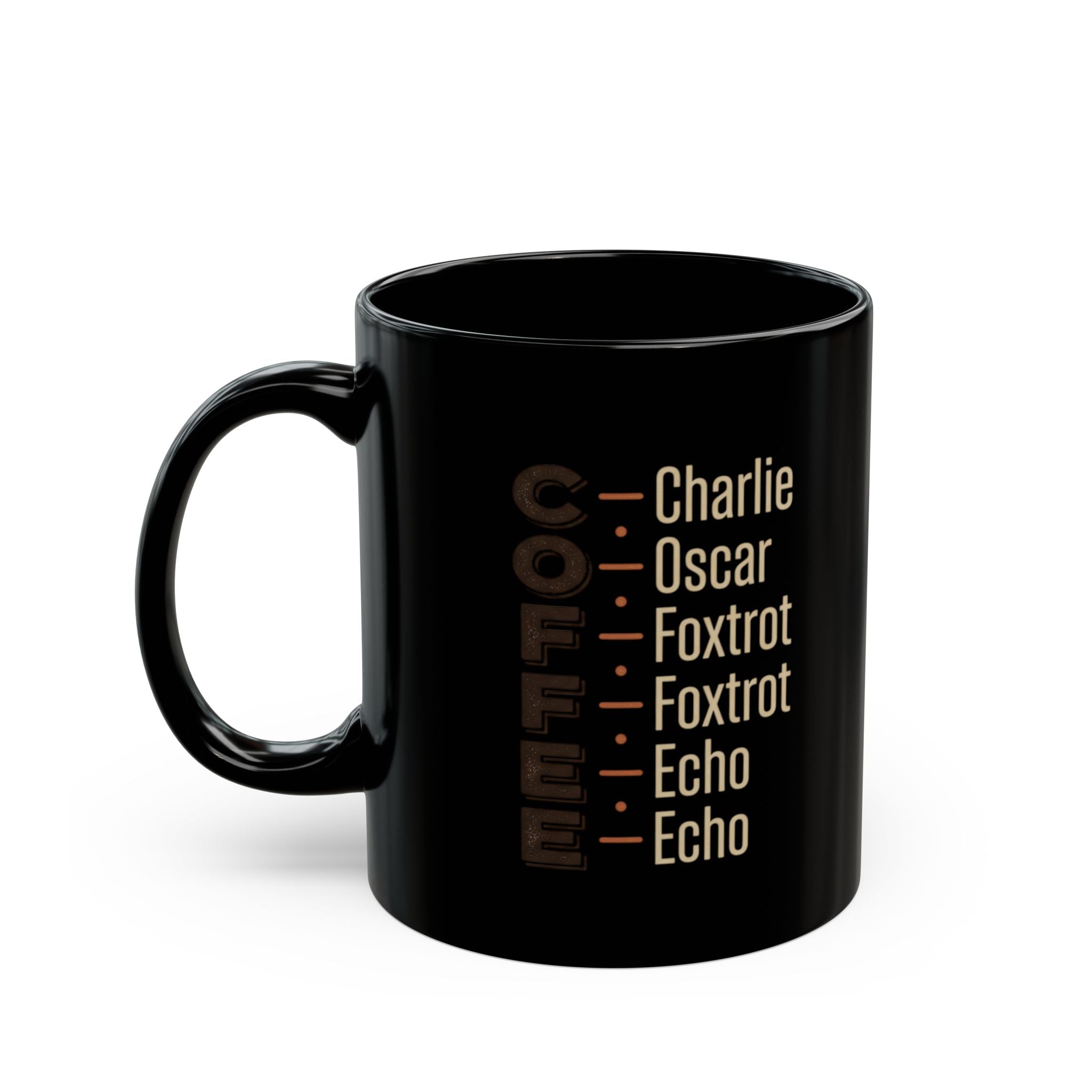 Phonetic Alphabet Coffee Mug | Black Ceramic Mug